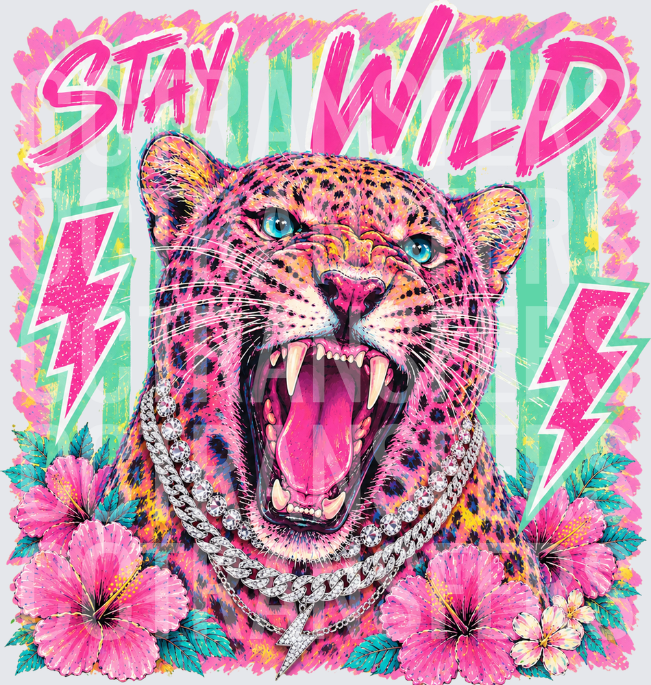 Stay Wild Roaring Pink Leopard Diamond Chain Floral (DTF)