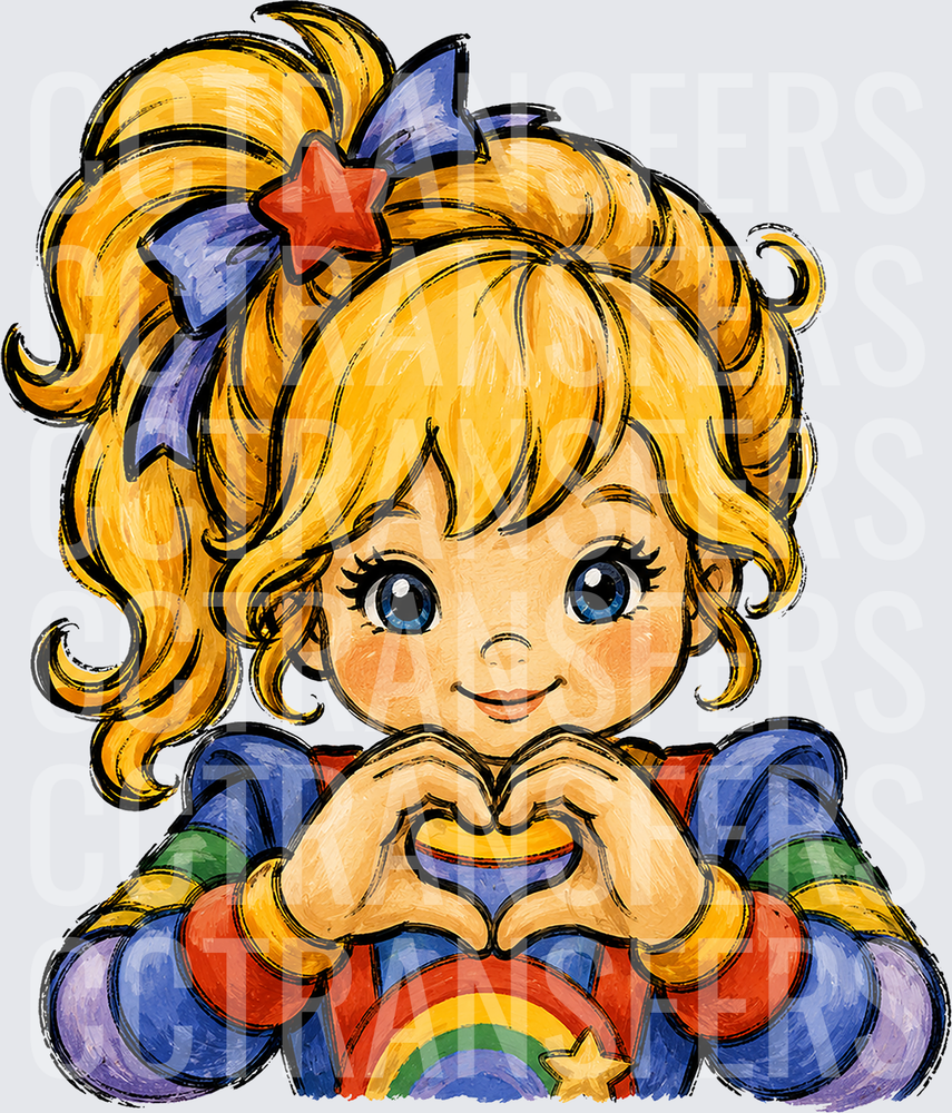 Retro Cartoon Girl Rainbow Heart Hands Blue Bow (DTF)