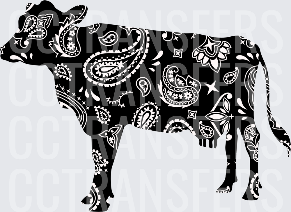 Black Paisley Bandana Pattern Cow Silhouette (DTF)