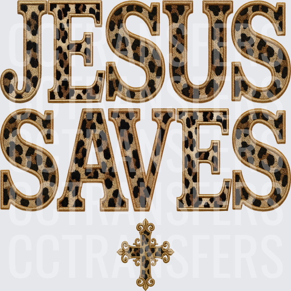 Jesus Saves Leopard Print Embroidery Cross (DTF)