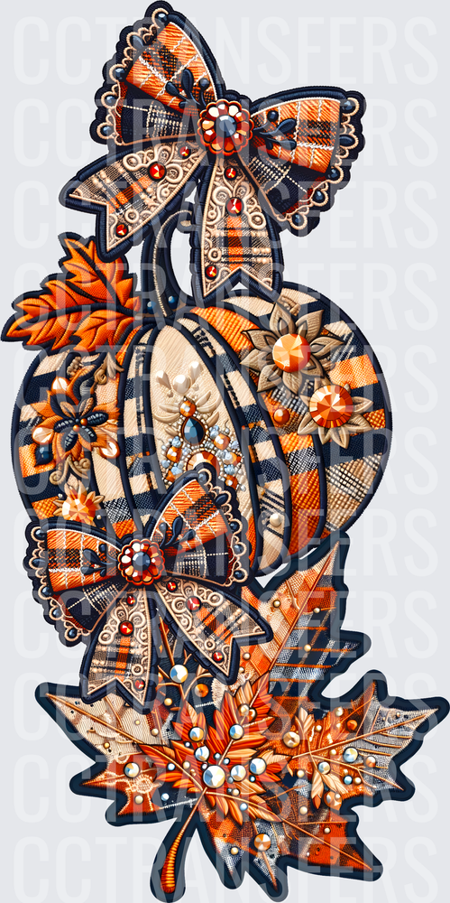 Plaid Jeweled Pumpkin Bows Autumn Maple Leaves (DTF)