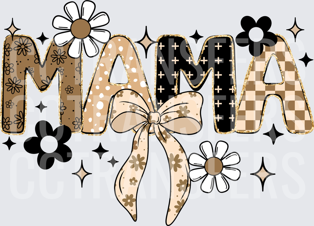 Boho Mama Floral Mixed Pattern Gold Glitter Letters (DTF)