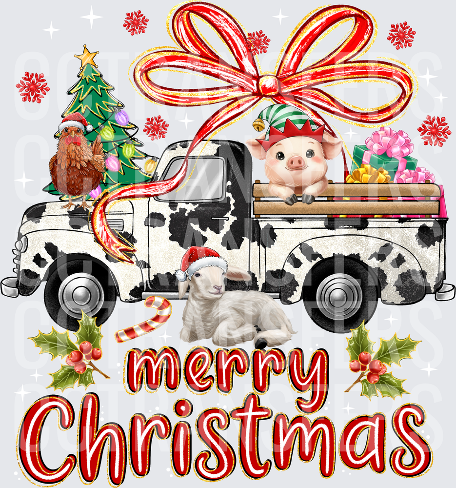 Merry Christmas Farm Animals Cow Print Truck Holiday (DTF)