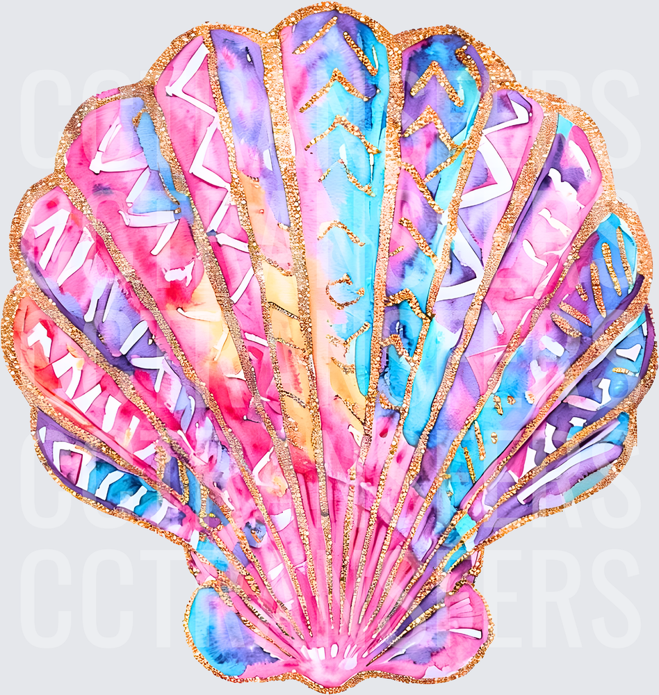 Watercolor Seashell with Gold Glitter Tribal Details (DTF)