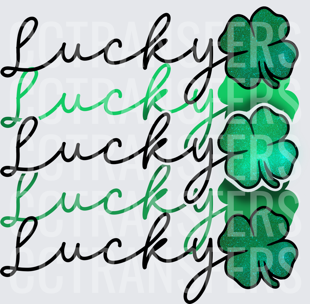 Lucky Lucky Lucky Stacked Script with Glitter Shamrocks (DTF)