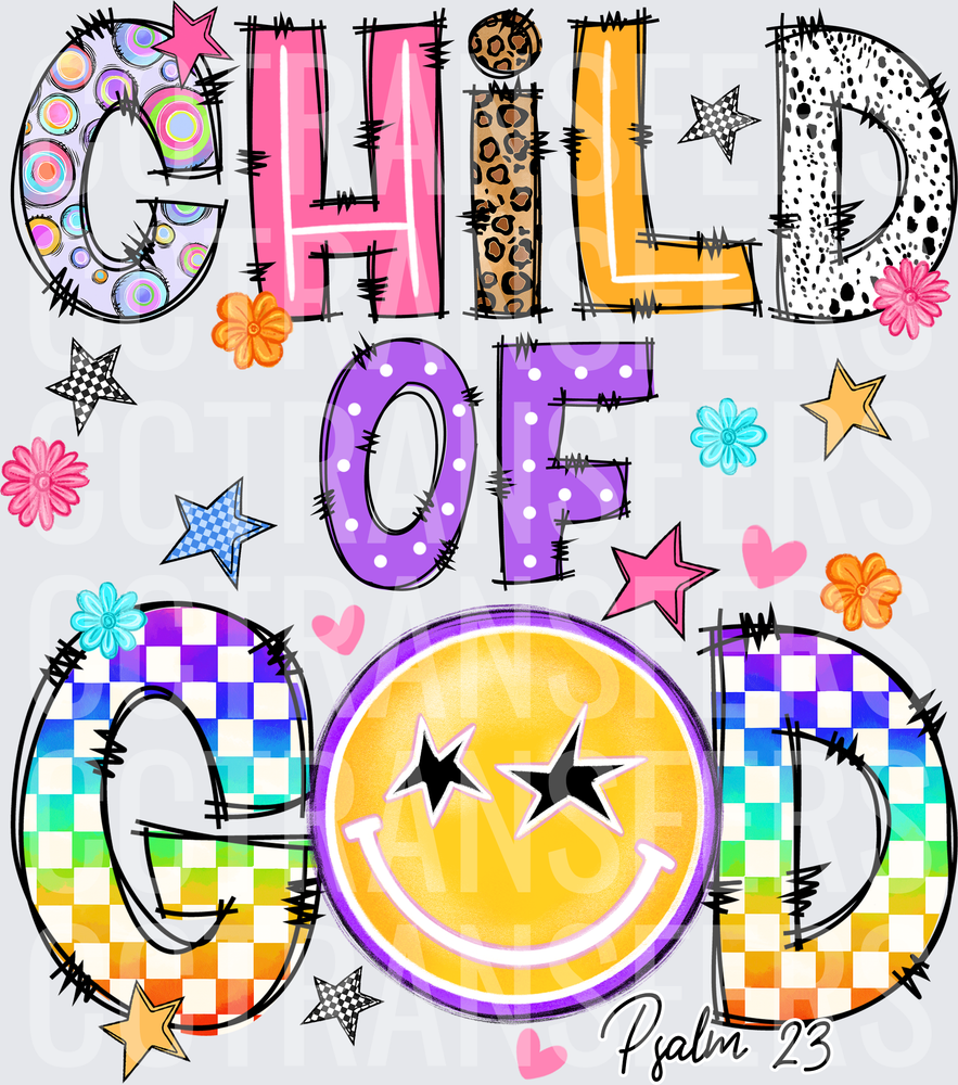 Child of God Psalm 23 Smiley Face Retro Doodle Letters (DTF)