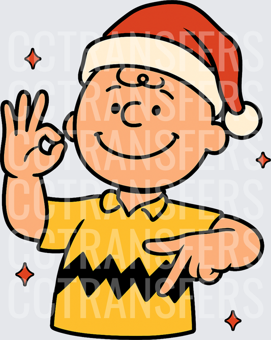 Charlie Brown Santa Hat OK Hand Gesture Christmas (DTF)