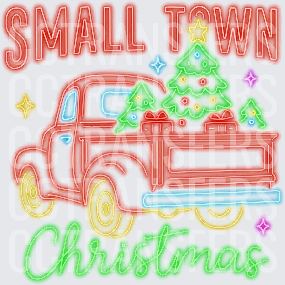 Small Town Christmas Neon Vintage Red Truck with Trees (DTF)
