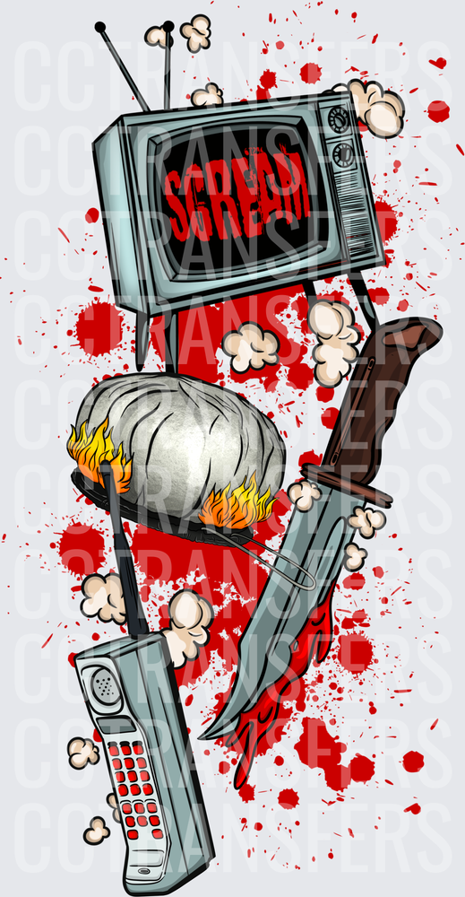 Scream Horror Retro TV Knife Phone Blood Splatter (DTF)