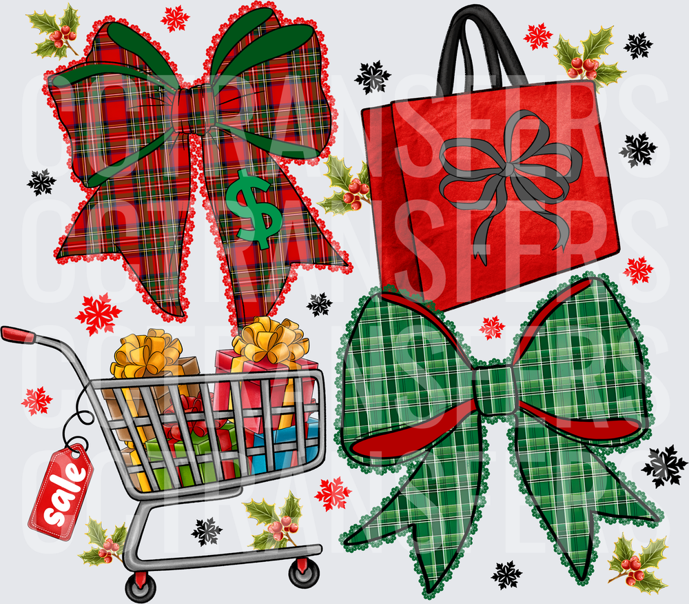 Christmas Shopping Plaid Bows Sale Cart Holly DTF