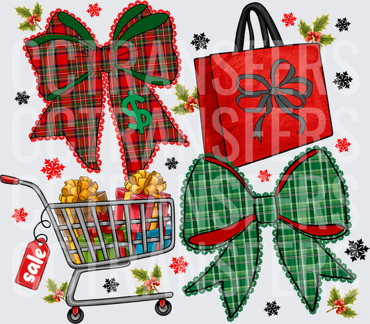Christmas Shopping Plaid Bows Sale Cart Holly DTF
