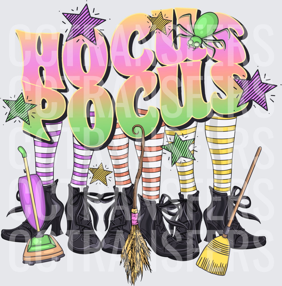 Hocus Pocus Witch Legs Striped Stockings Brooms Stars (DTF)