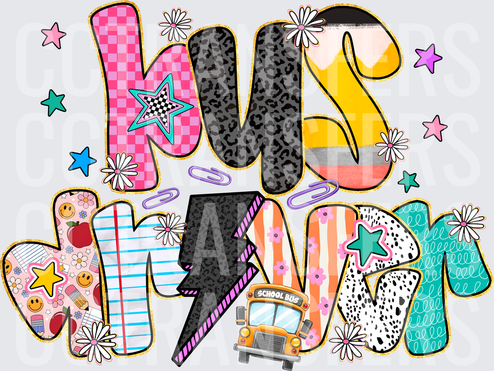 Bus Driver Retro Patterned Doodle Letters School Bus (DTF)