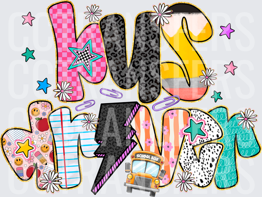 Bus Driver Retro Patterned Doodle Letters School Bus (DTF)