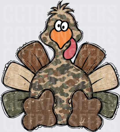 Cartoon Camo Turkey Funny Googly Eyes Thanksgiving (DTF)