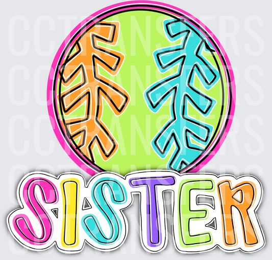 Neon Softball Sister Colorful Multicolor Text (DTF)