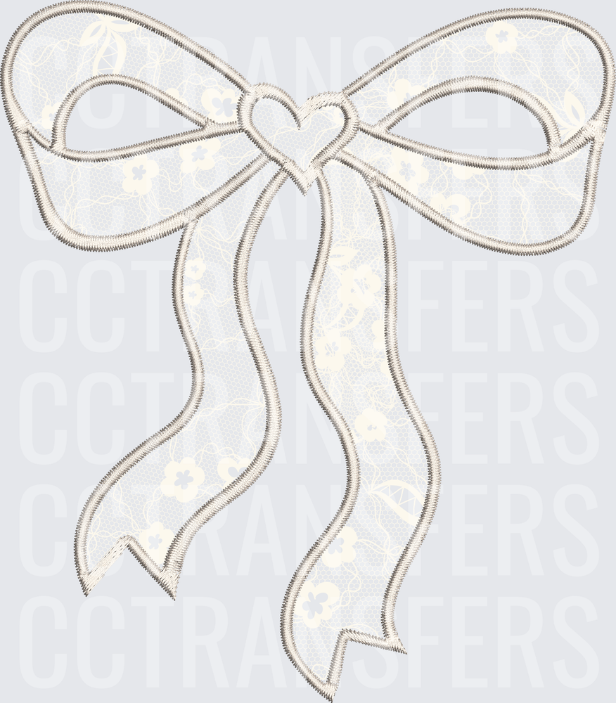 Cream Lace Embroidery Style Ribbon Bow with Heart Center (DTF)