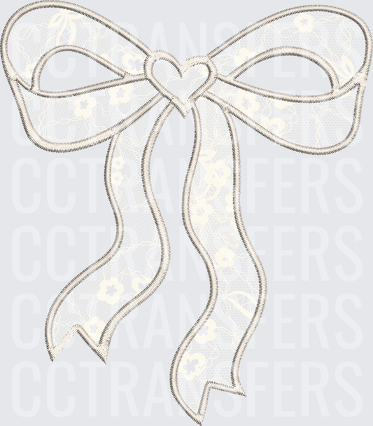 Cream Lace Embroidery Style Ribbon Bow with Heart Center (DTF)