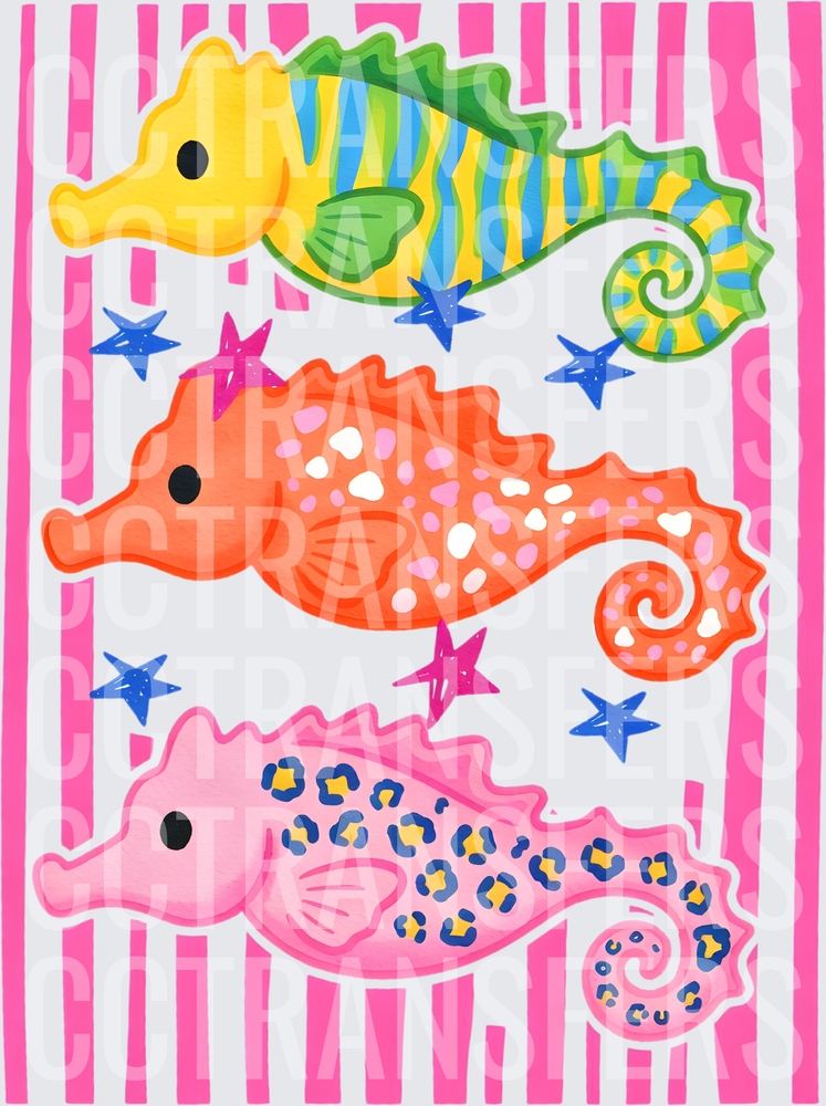 Colorful Trio Seahorses Pink Stripes Blue Stars (DTF)