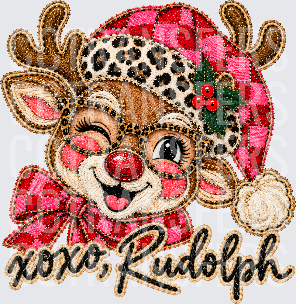 XOXO Rudolph Leopard Santa Hat Reindeer Embroidery (DTF)