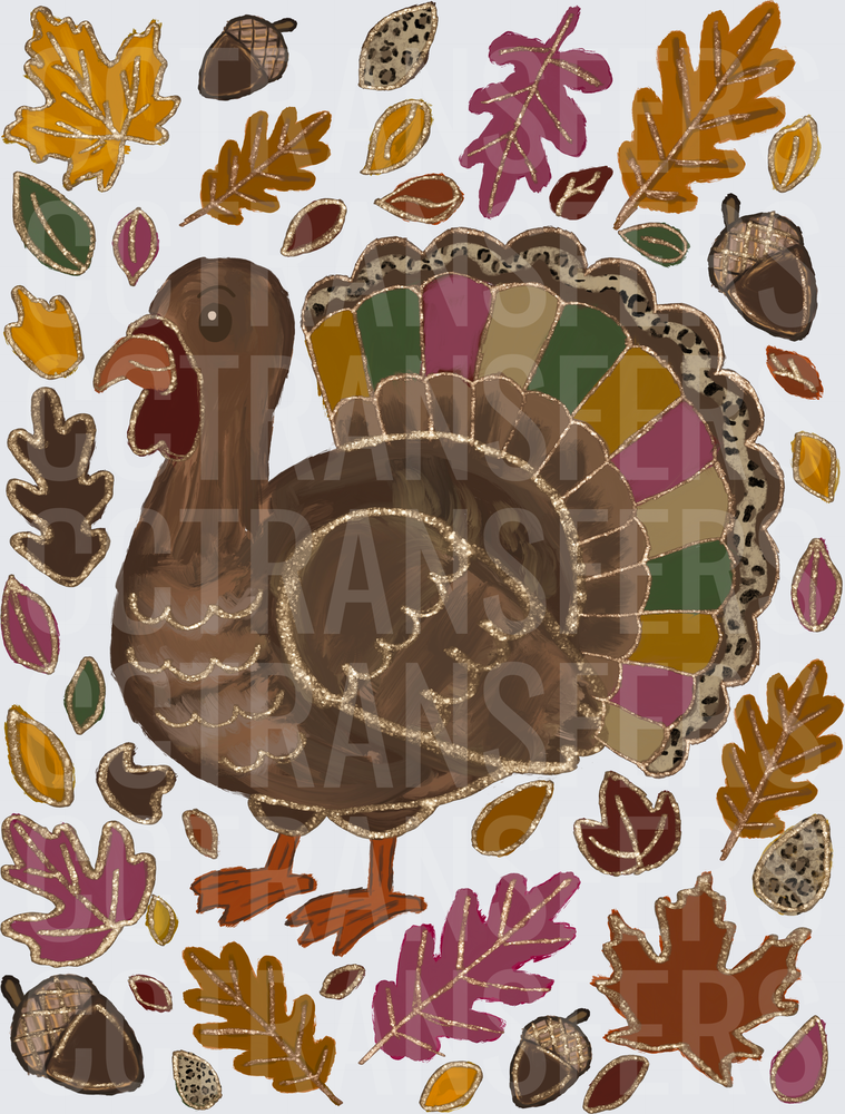 Thanksgiving Turkey Colorful Fall Leaves Acorns (DTF)