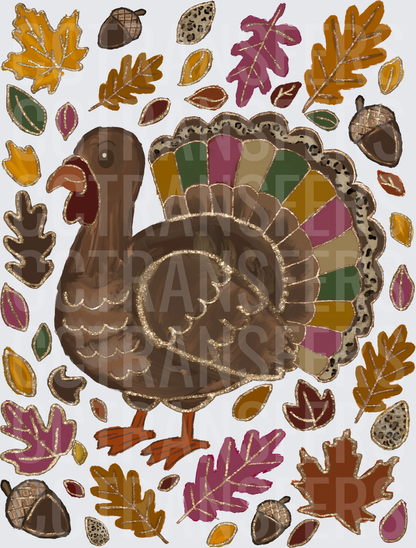Thanksgiving Turkey Colorful Fall Leaves Acorns (DTF)