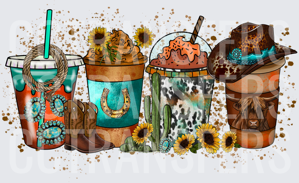 Western Coffee Cups Sunflowers Highland Cow Cowboy Boots (DTF)
