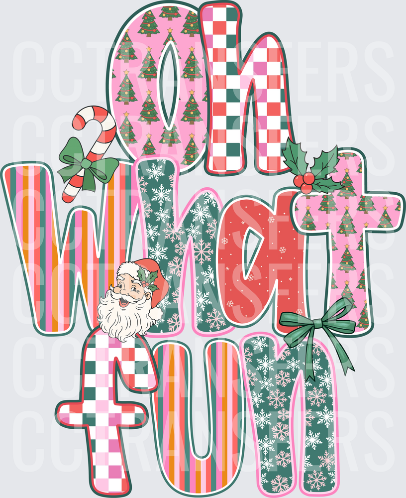 Oh What Fun Retro Christmas Patterned Lettering Santa (DTF)