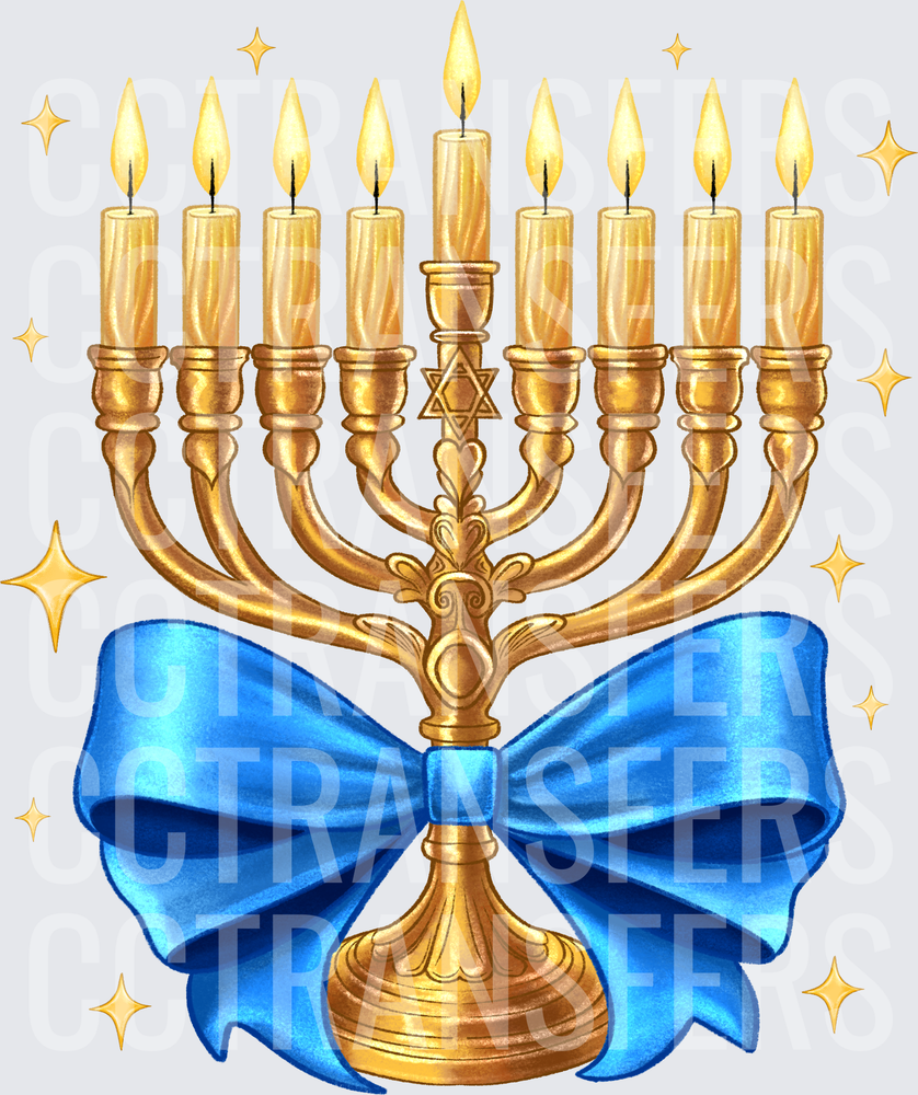 Golden Hanukkah Menorah with Blue Bow and Star (DTF)