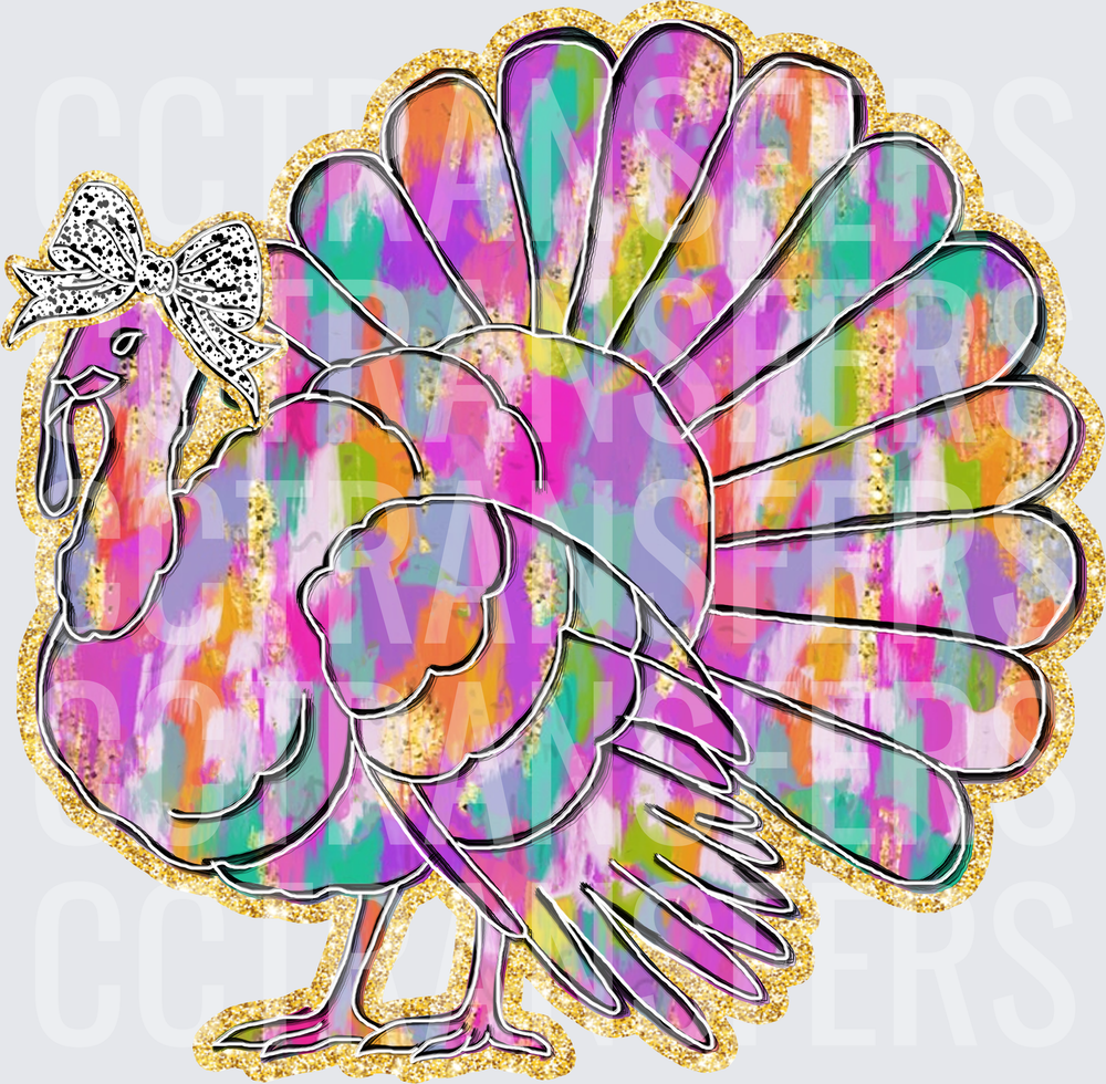 Colorful Brushstroke Turkey with Bow Gold Glitter Border (DTF)