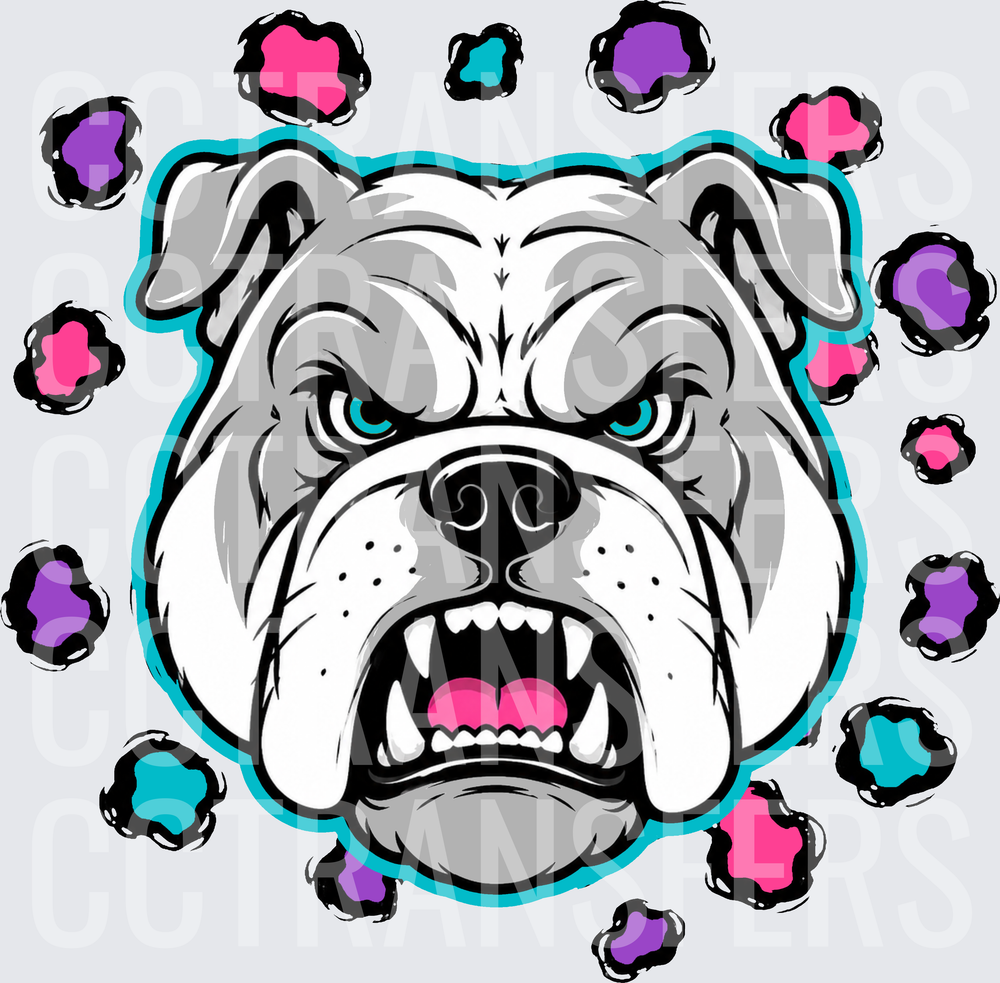 Fierce Gray Bulldog Face with Colorful Paw Prints (DTF)