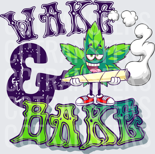 Wake & Bake Cartoon Cannabis Leaf Character Smoking (DTF)