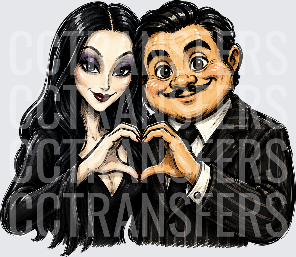 Spooky Couple Making Heart Hand Gesture Cartoon Art (DTF)
