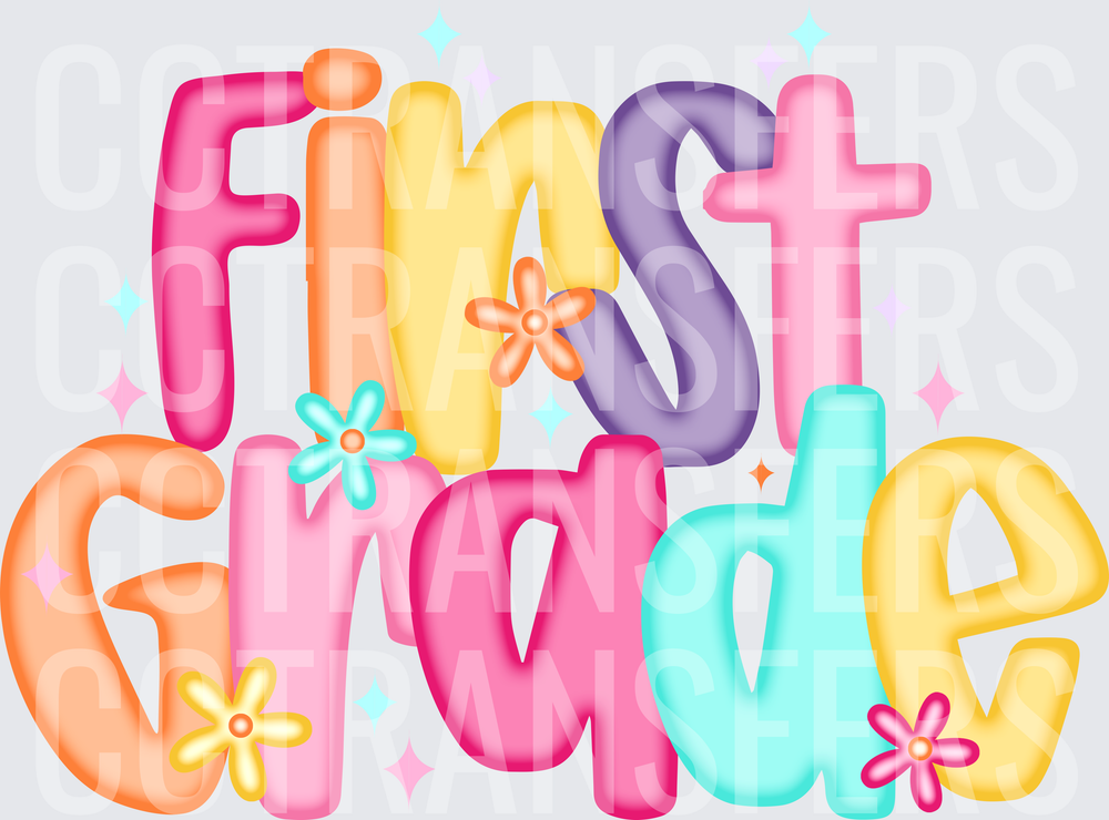 Colorful Bubble Letter First Grade Floral Sparkle Design (DTF)