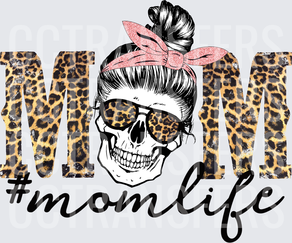 Leopard Print MOM Skull Messy Bun #Momlife (DTF)