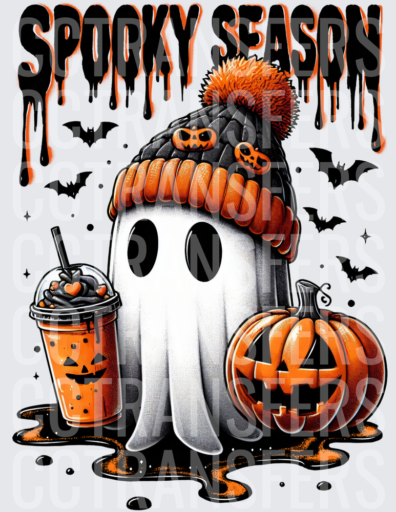 Spooky Season Ghost Pom Beanie Pumpkin Bats Halloween (DTF)