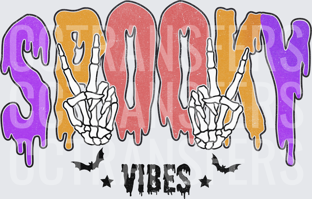 Spooky Vibes Drip Skeleton Hands Rock Sign Bats Halloween (DTF)