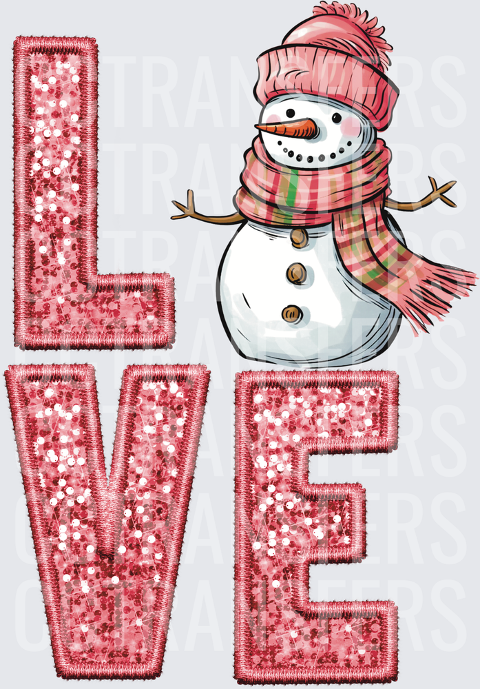 LOVE Snowman Pink Sequin Glitter Winter Holiday (DTF)
