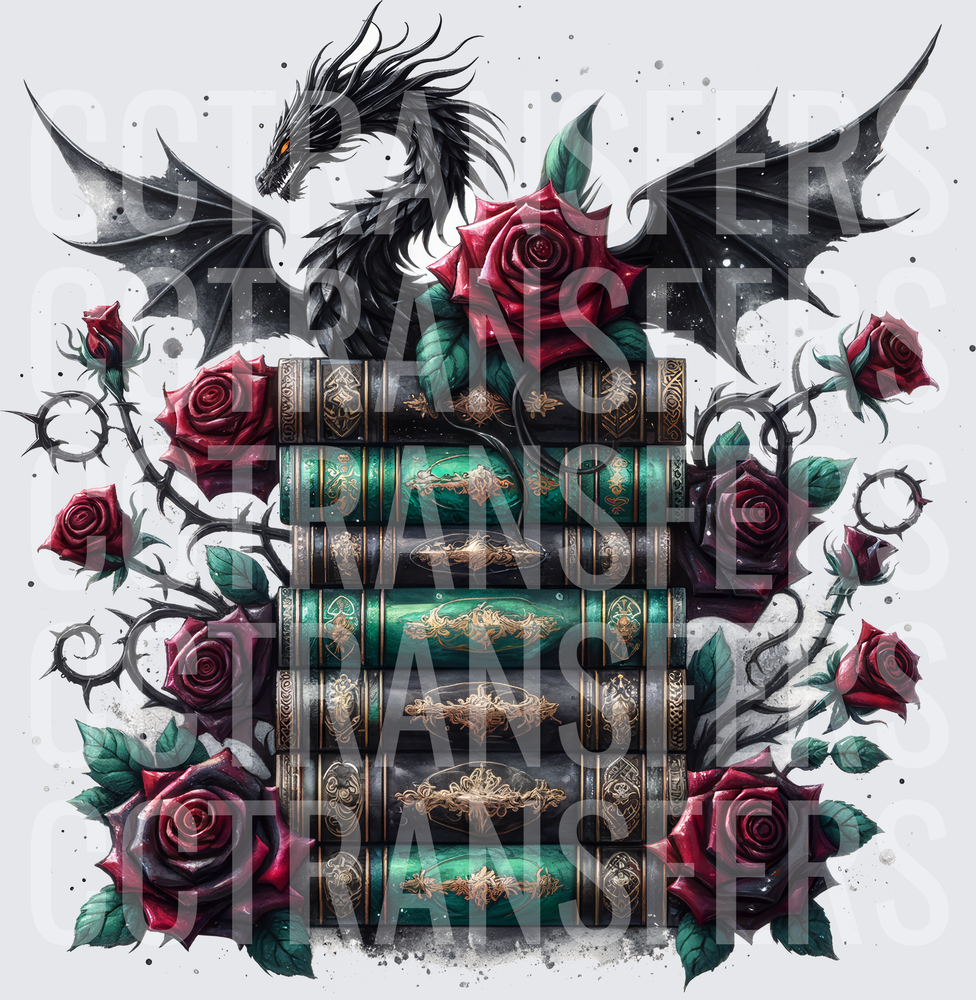 Dark Dragon Perched on Gothic Books with Red Roses (DTF)