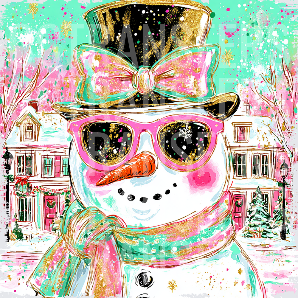 Glam Snowman Pink Sunglasses Top Hat Winter Village (DTF)