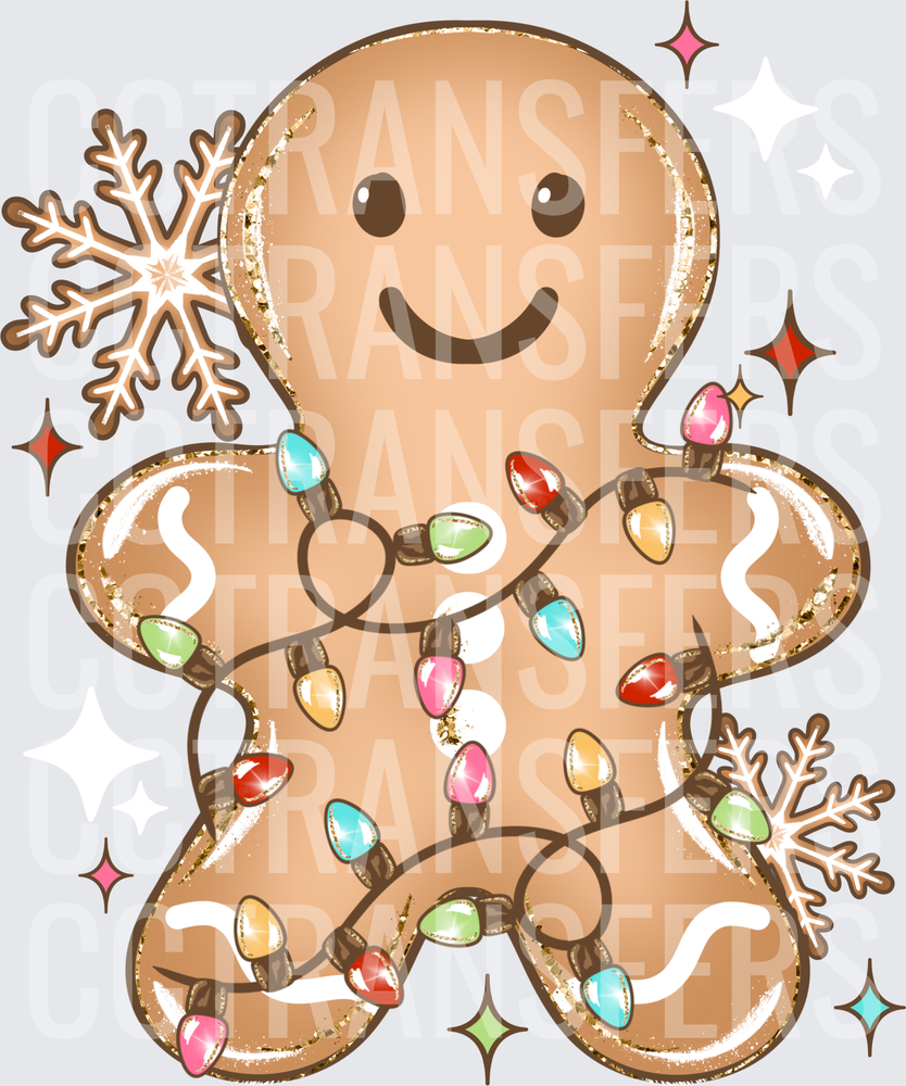 Cute Gingerbread Man Wrapped in Christmas Lights Snowflakes (DTF)