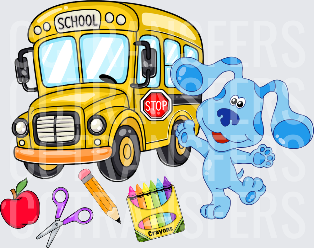 Blue Puppy Back to School Bus with Supplies (DTF)