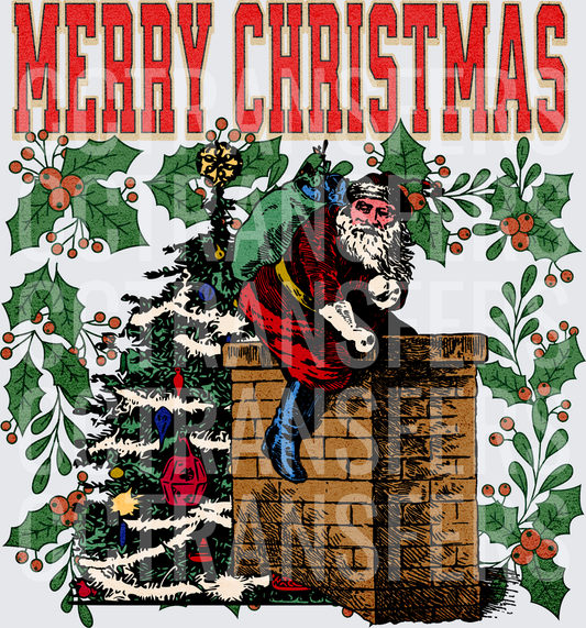 Merry Christmas Vintage Santa Climbing Chimney Holly (DTF)