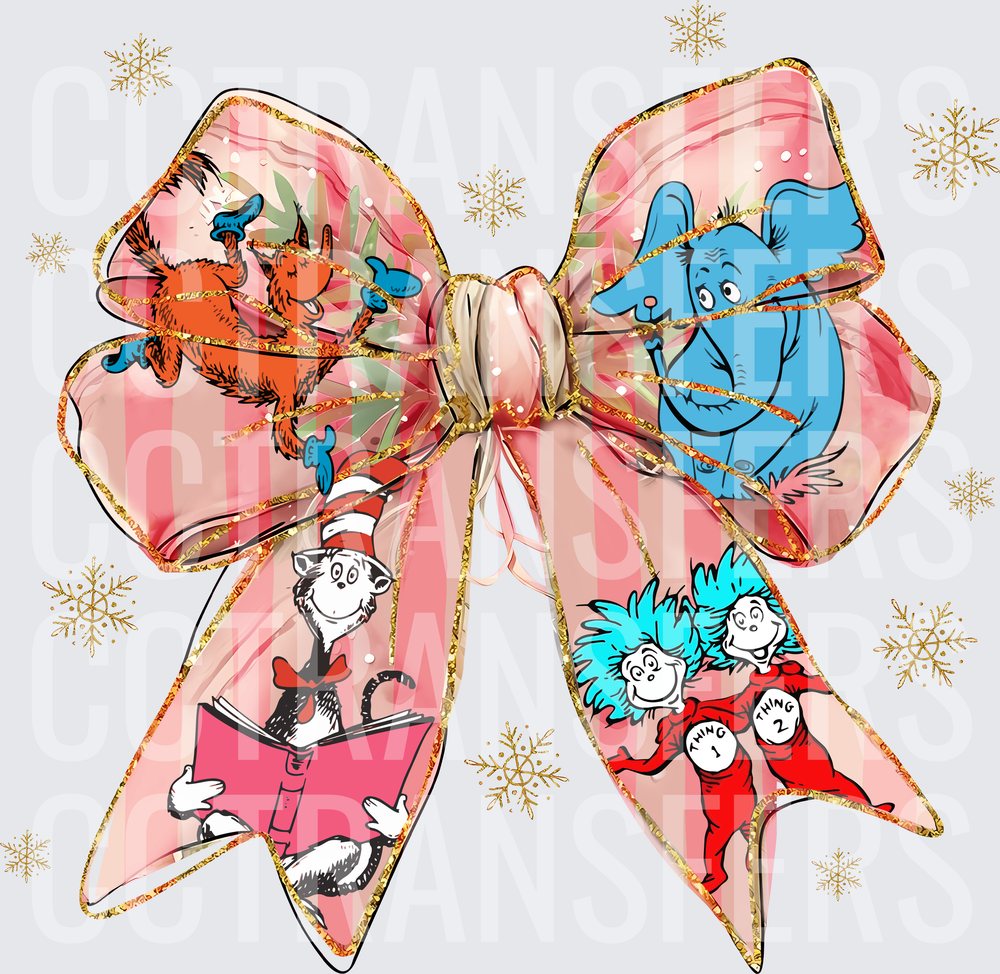 Pink Striped Christmas Bow with Storybook Characters Thing 1 Thing 2 (DTF)