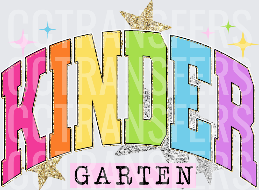 Kindergarten Rainbow Varsity Glitter Stars Design (DTF)