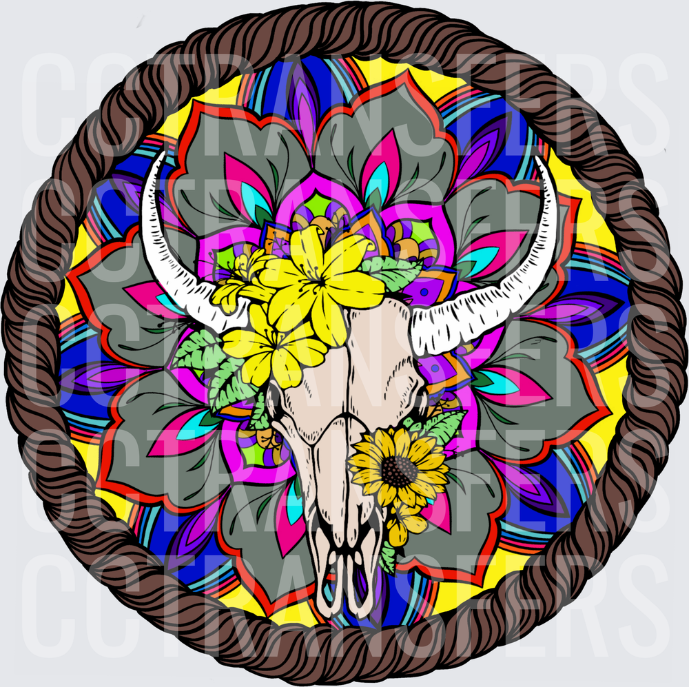 Boho Bull Skull Sunflowers Mandala Rope Circle (DTF)