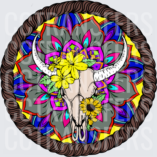 Boho Bull Skull Sunflowers Mandala Rope Circle (DTF)