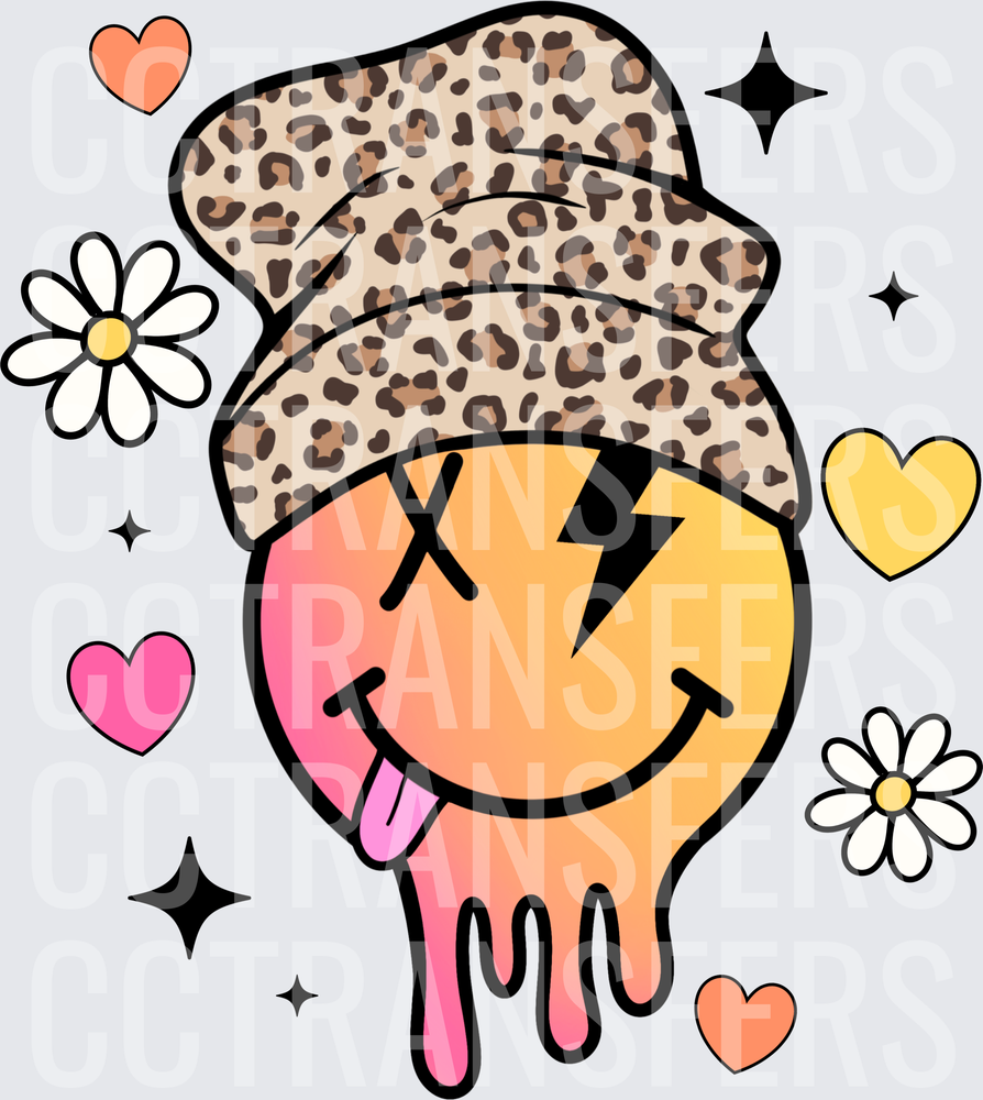 Dripping Smiley Face Leopard Bucket Hat Daisies Hearts (DTF)