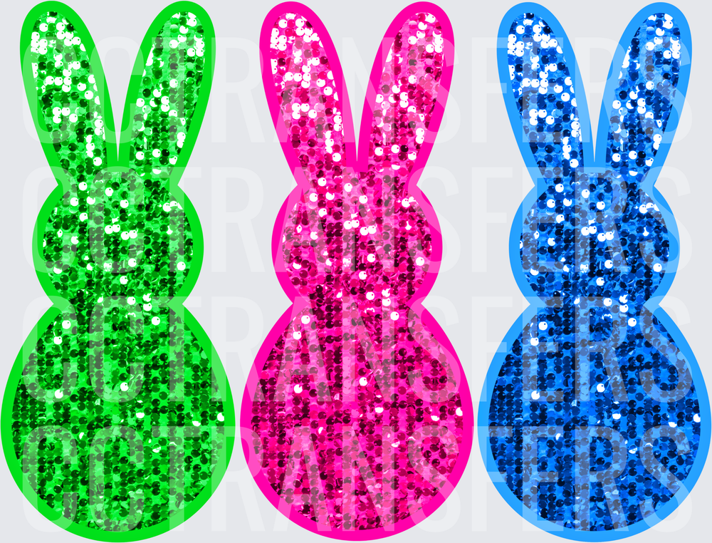 Trio of Glitter Sequin Easter Bunnies Green Pink Blue (DTF)