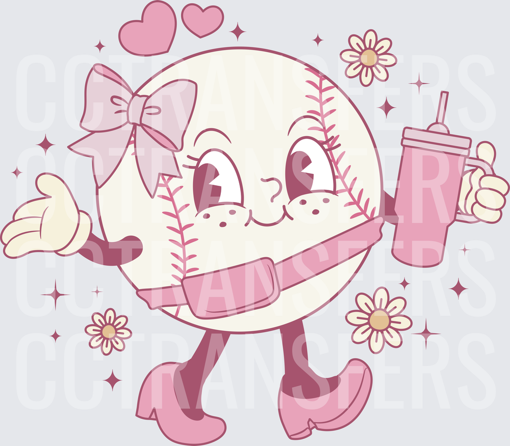 Retro Girl Baseball Character with Bow and Tumbler (DTF)